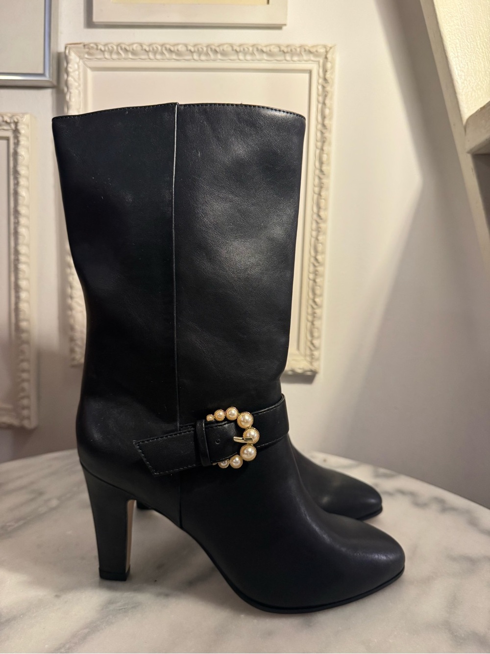 Pearl-Embellished Black Mid-Calf Heeled Boots